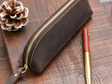 Wholesale Crazy Horse Leather Zipper Handmade Fashion Vintage Pencil Case For Sale