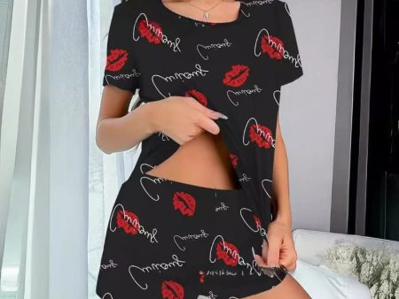 Wholesale Red Lip and Letter Print Set Pajamas Sale