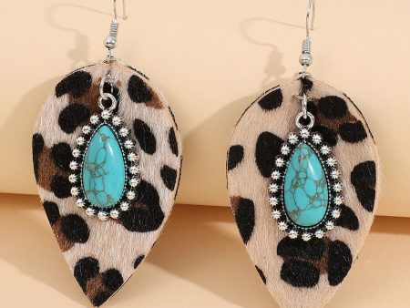 Wholesale Leaf Western Style Vintage Turquoise Leopard Leather Earrings Fashion