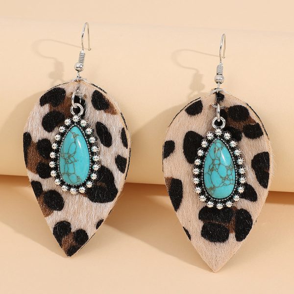 Wholesale Leaf Western Style Vintage Turquoise Leopard Leather Earrings Fashion