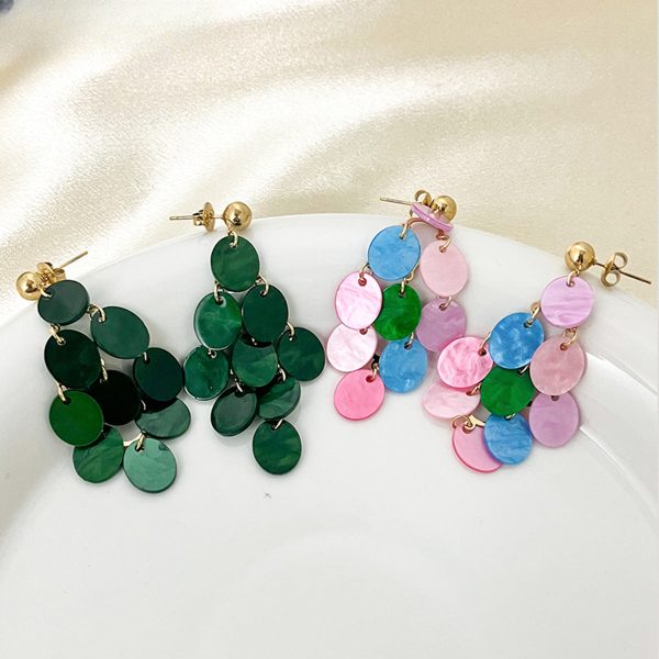 Wholesale Natural Shell Hand-stitched Dark Green Disc Mesh Tassel Earrings on Sale