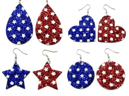 Wholesale Independence Day Five-pointed Star Glitter Asymmetric Leather Earrings For Cheap