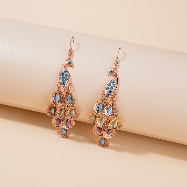 Wholesale Long Fashion Vintage Large Peacock Crystal Earrings on Sale