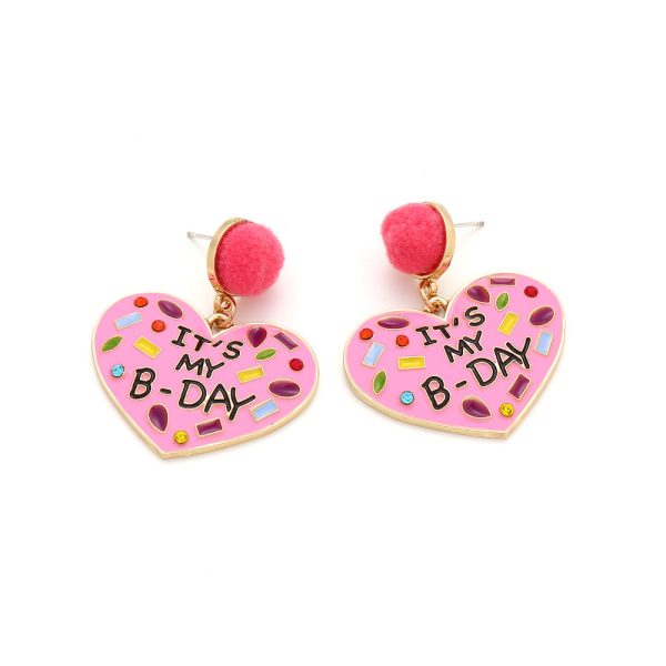 Wholesale My Birthday Colorful Diamond Enamel Heart-shaped Hair Ball Zinc Alloy Earrings Online Sale