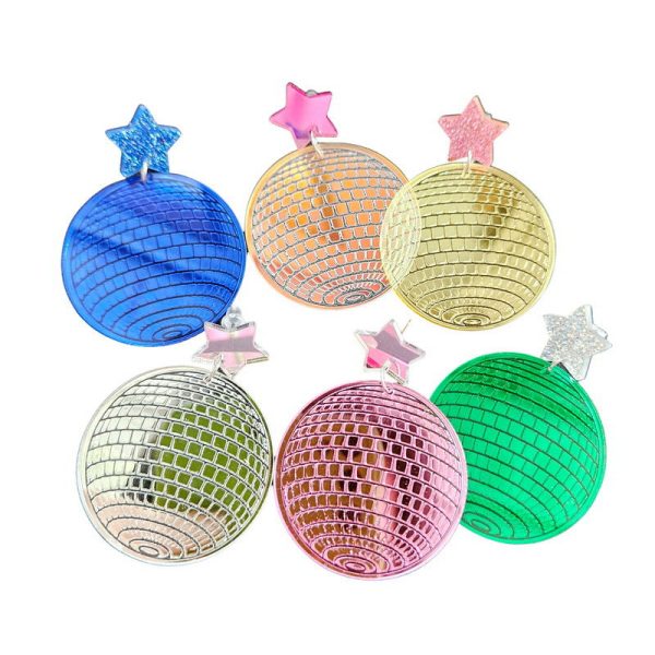 Wholesale Exaggerated Creative Five-pointed Star Acrylic Retro Disco Ball Mirror Laser Earrings Cheap