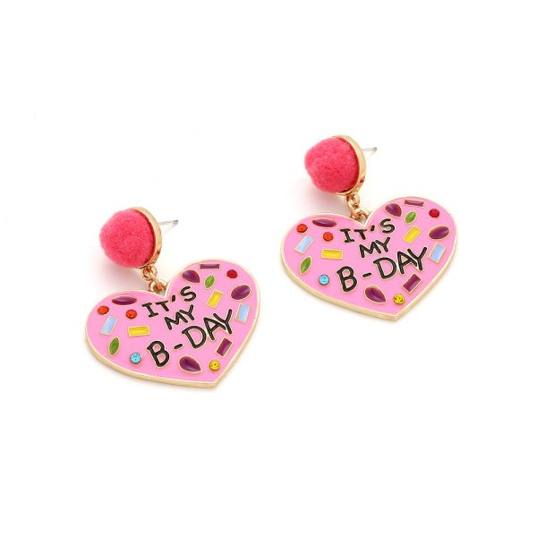 Wholesale My Birthday Colorful Diamond Enamel Heart-shaped Hair Ball Zinc Alloy Earrings Online Sale