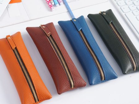 Wholesale First Layer Litchi Zipper Genuine Leather Pencil Case Discount