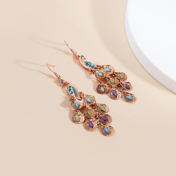 Wholesale Long Fashion Vintage Large Peacock Crystal Earrings on Sale