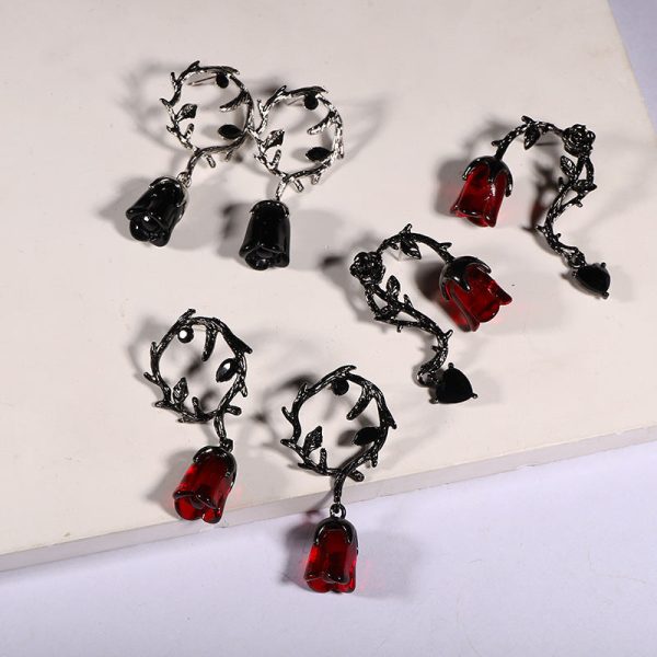 Wholesale Halloween Dark Style Thorn Vine Red Rose Flower Earrings Discount