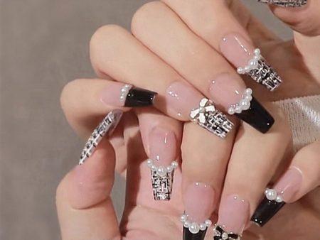 Wholesale Black French Chanel Long Pink Wearable Fake T-stick Nail Art on Sale