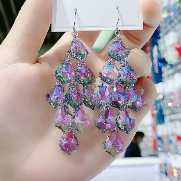 Wholesale Crystal Exaggerated Long Purple Tassel Earrings Supply