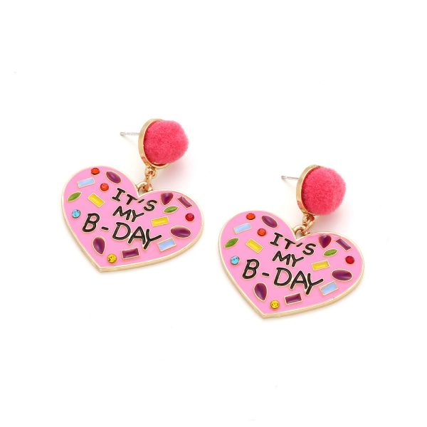 Wholesale My Birthday Colorful Diamond Enamel Heart-shaped Hair Ball Zinc Alloy Earrings Online Sale